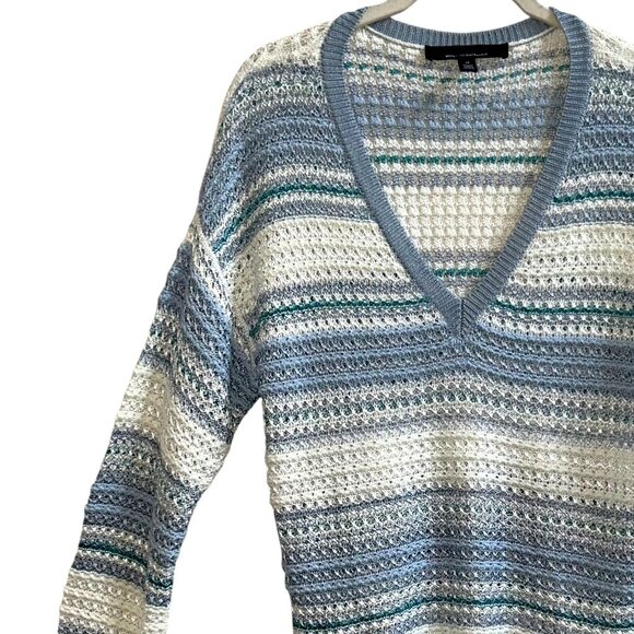 White House Black Market Striped Open Knit Sweater Blue White M Coastal Chic - Picture 3 of 9